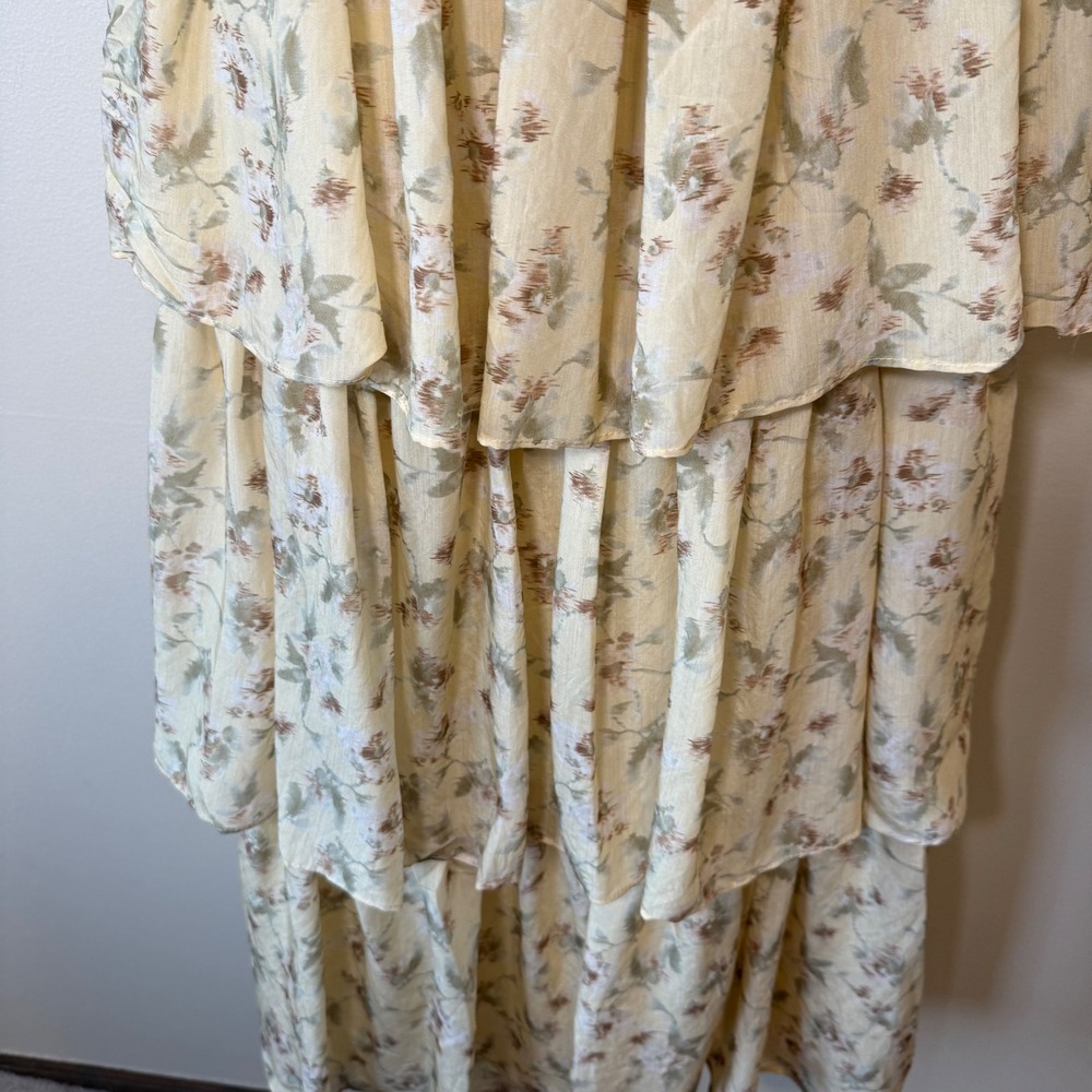 Women's Yellow Floral Tiered Midi Dress with Tie Front - Picture 9 of 10